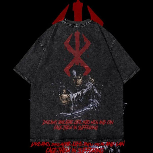 Guts Heavy Oversized Dyenomite Mineral Wash T-Shirt Unisex Anime T-Shirt Streetwear & Gym Style Cotton Menswear