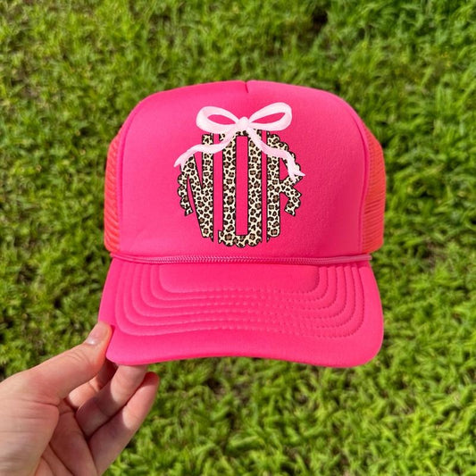 HAT - Pink Bow Cheetah Monogram Foam Mesh Trucker Hat 'NLB'