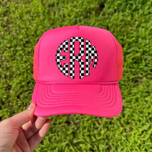 HAT -Black Checkered Monogram Foam Mesh Trucker Hat 'NLB'