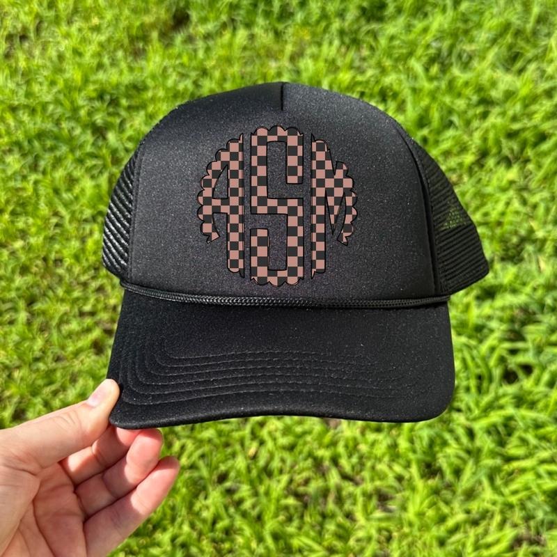 HAT -Tan Checkered Monogram Foam Mesh Trucker Hat 'NLB'