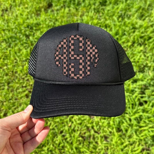 HAT -Tan Checkered Monogram Foam Mesh Trucker Hat 'NLB'