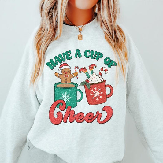 HAVE A CUP OF CHEER COCOA CREWNECK (Crewneck Sweatshirt, Unisex Fit, Causal Sweatshirt for Christmas, Christmas Holiday Sweatshirt) Polyester Womenswear