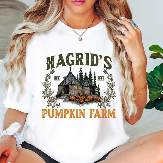 Hagrid's Pumpkin Farm T-Shirt - Women's Cotton Crewneck Tee with Graphic Design, Ideal for Fall and Halloween Wear