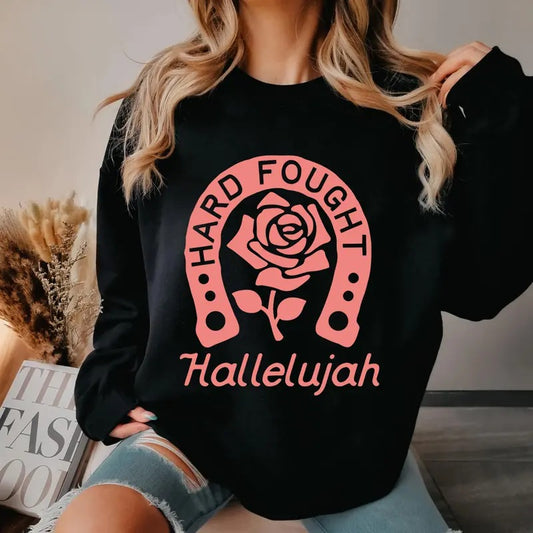 Hallelujah Jesus Brandon Lake Hard Fought Religious Sweatshirt Casual Street Style Fleece Fabric Crewneck Pullover Sweatshirt Tops Trendy for Women for Men