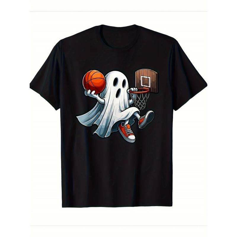 Halloween Basketball Specter Graphic Tee, 100% Cotton, Crew Neck, Medium Stretch, Regular Fit, Short Sleeve, Geometric-Pattern Knit Fabric, for All-Season Casual Wear Made in USA