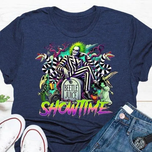 Halloween Beetlejuice Showtime Shirt, Halloween Party Shirt, Beetlejuice T-shirt, Horror Movie Character, Horror Movie Sweatshirt, Halloween Sweatshirt, Halloween Shirt, Unisex Classic Cotton Tee with Graphic Print in All Sizes, For Men, For Women