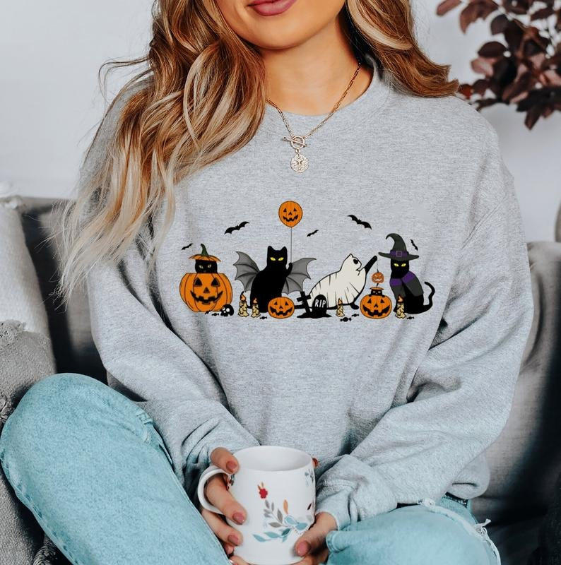 Halloween Black Cat Sweatshirt, Ghost Cat Pumpkin Tee Shirt, Halloween Ghost Cat Sweater, Halloween Ghost Cat T-Shirt, Spooky Season Shirt, Gift For Cat Lover