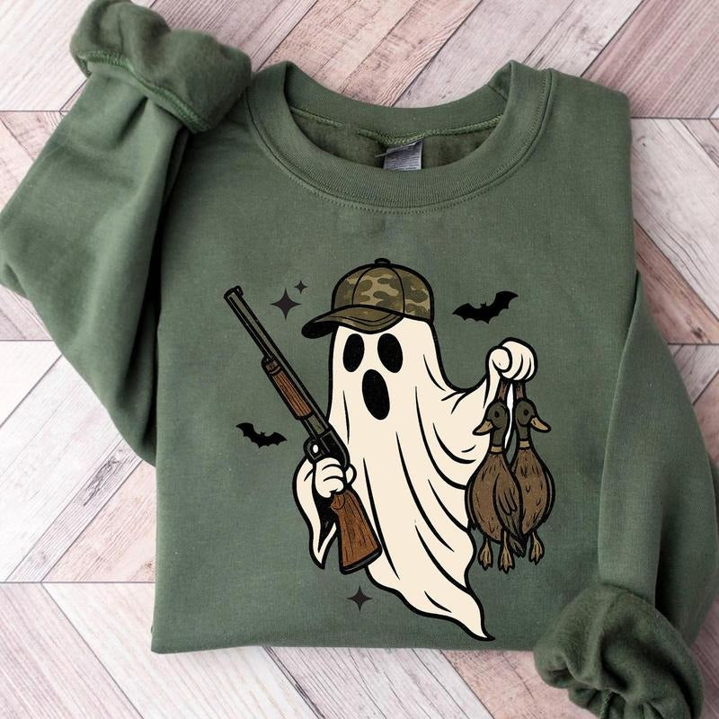 Halloween Boo Ghost Duck Hunting Unisex Sweatshirt, Spooky Hunting Camo Ghost Shirt, Duck Hunting Halloween Graphic Tee, Duck Call Halloween Gift for Men and Women