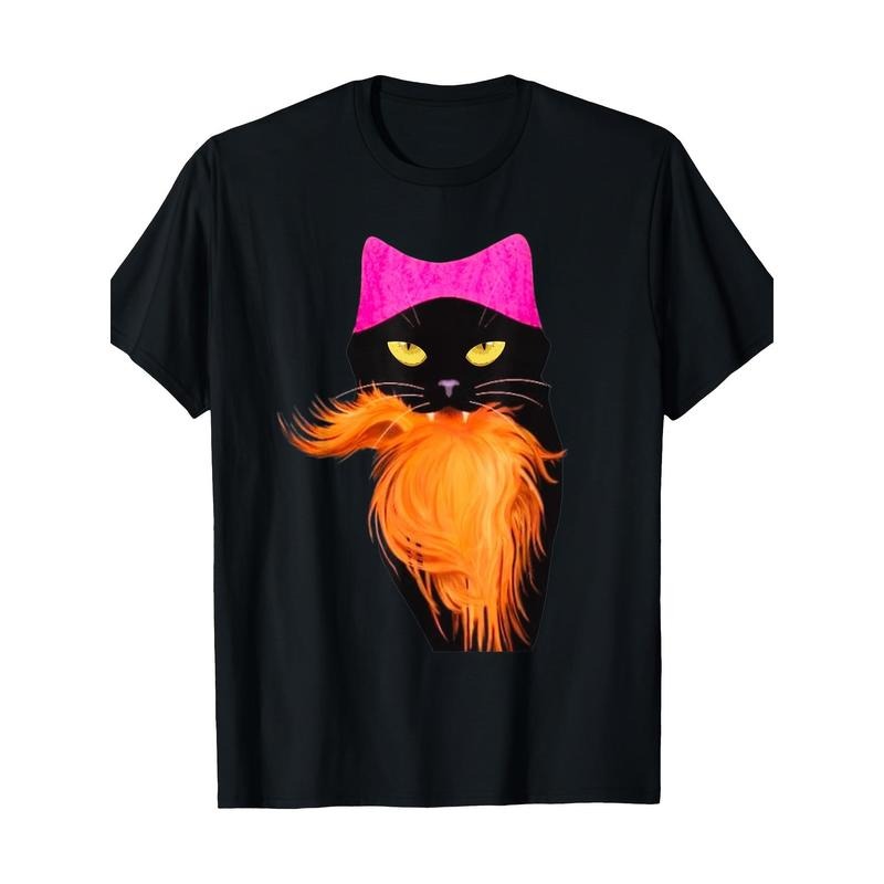 Halloween Cat Graphic T-Shirt, 100% Cotton, Casual Round Neck, Short Sleeve, Regular Fit, Geometric Pattern, Digital Print, Knitted Fabric, for Adults - Black Made in USA