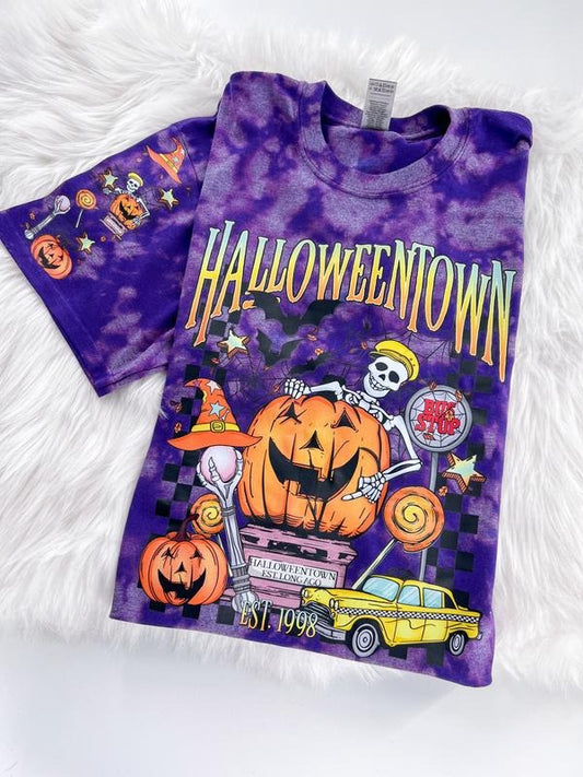 Halloween City Skeleton Town Short Sleeve Graphic Tee Unisex with sleeve print T-Shirt Womenswear Crewneck Casual Tshirt Top