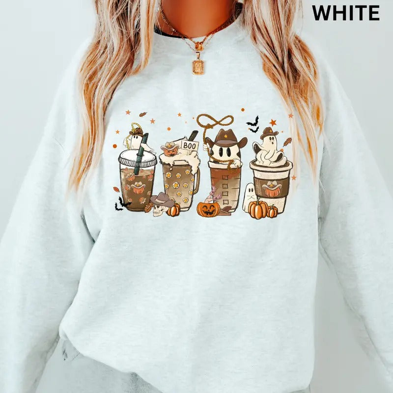 Halloween Coffee Sweatshirt, Western Halloween Coffee, Howdy Latte Sweatshirt, Spooky Season Graphic Oversized Halloween Graphic Crewneck, Cotton Pullover Spooky Season Sweater