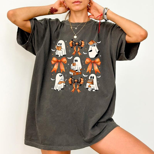 Halloween Coqquett Bow Book Ghost Shirt, Cute Boos Reading Tee for Women, Coqquett Bow Tshirt, Reading Ghost Shirt for Girls, Books Lover Gift, Bookish Tee, Spooky Season T-shirt, Comfy Cotton Long Sleeve Pullover, Fall Women's Tops, Casual Womenswear
