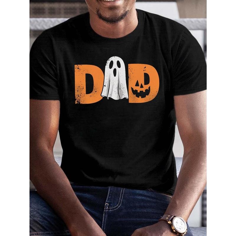 Halloween Dad Graphic T-Shirt, Polyester Crew Neck Short Sleeve Tee, Summer Casual Knit Fabric Top with Geometric Pumpkin Design for Men made in usa