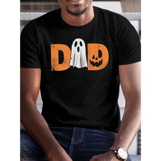 Halloween Dad Graphic T-Shirt, Polyester Crew Neck Short Sleeve Tee, Summer Casual Knit Fabric Top with Geometric Pumpkin Design for Men made in usa