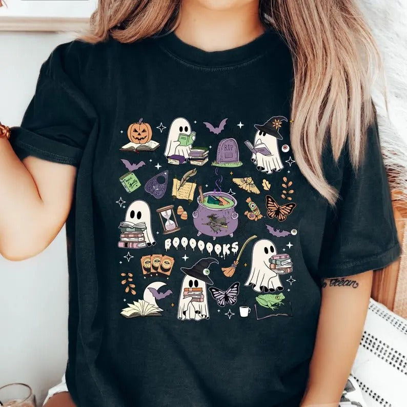 Halloween Doodle Shirt for Book Lovers, Funny Bookish Cute Witchy Shirt, Spooky Season Tee for Reading, Halloween Graphic T-shirt for Reader