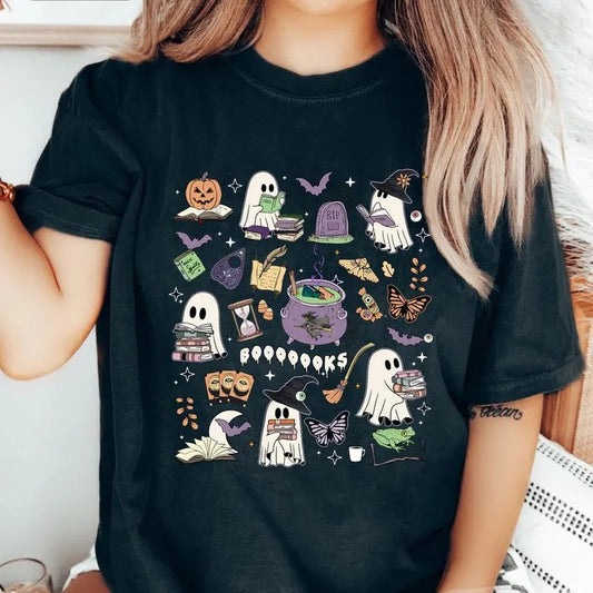 Halloween Doodle Shirt for Book Lovers, Funny Bookish Cute Witchy Shirt, Spooky Season Tee for Reading, Halloween Graphic T-shirt for Reader