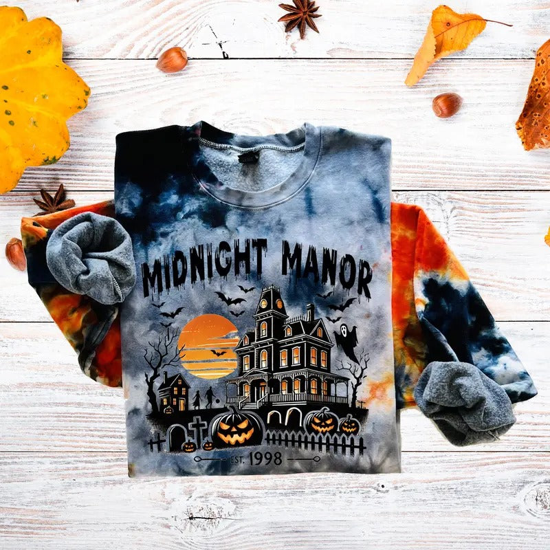 Halloween Fog Tie Dye Sweatshirt Orange Grey Black Sizes Small to 5X Casual Cotton Crewneck Streetwear Pullover Soft