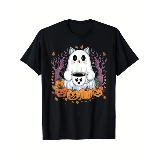 Halloween Ghost Cat Coffee Pumpkin Printed T-shirt Comfortable Breathable, Casual Short Sleeve, Daily Wear, All Season, Black, Men 220g made in usa
