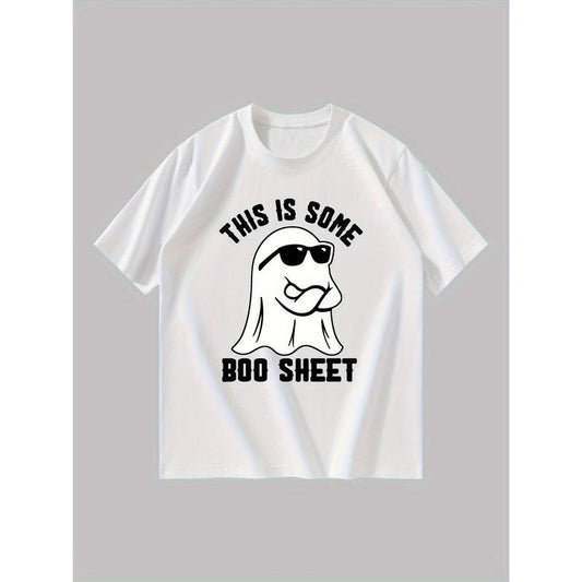 Halloween Ghost Print T-Shirt for Men - 'This Is Some Boo Sheet' Casual Crew Neck Cotton Blend Top - Comfortable, Breathable, Short Sleeve Summer Tee with Slight Stretch for Weekend Casual Wear made in usa