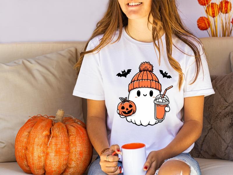 Halloween Ghost T-shirt, Cute Ghost Drinking Coffee Tee, Little Ghost Ice Coffee T-shirt, Coffee Lovers Halloween Gift Tee, Pumpkin Sweatshirt, Spooky Season Shirt, Autumn Gift Tee For Woman. Casual T-Shirt