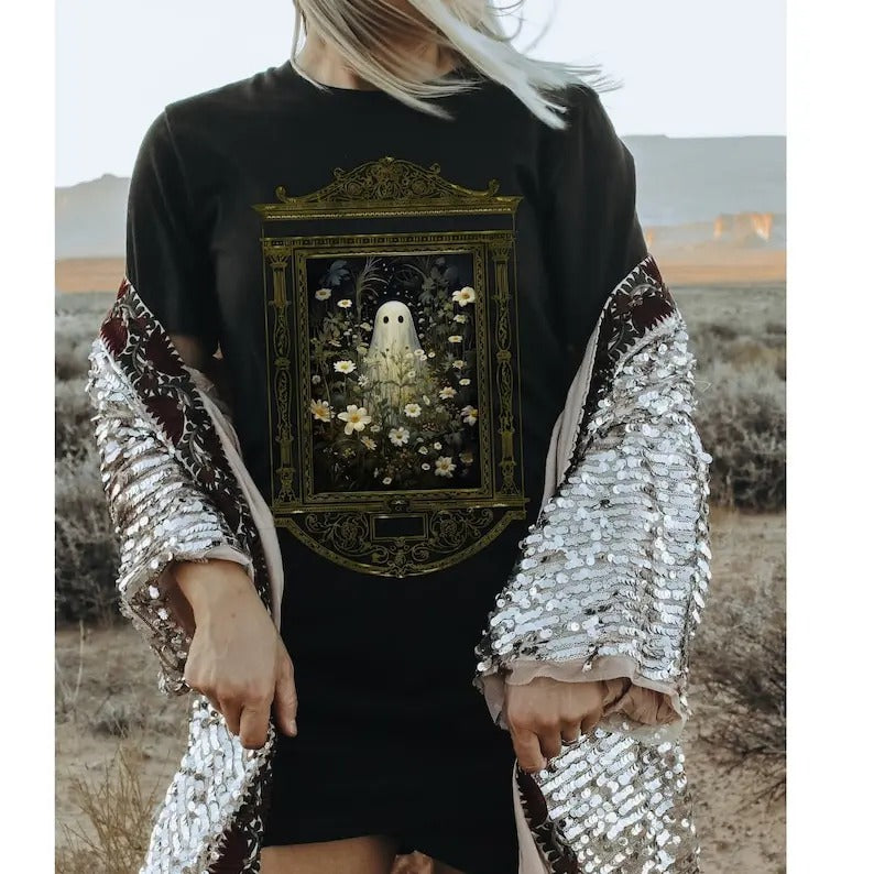Halloween Ghost shirt, Cute Floral Ghost Tee, Dark Romantic Gothic Tshirt, Ghost Lover shirt, Girlfriend Gifted Goth, Oversized t-shirt