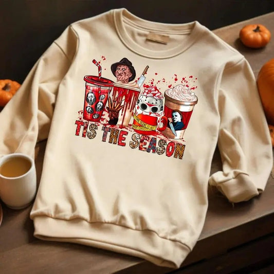 Halloween Horror Characters Coffee Shirt, Tis The Season Shirt, Halloween Latte Drink Cup, Horror Movie Shirt, Coffee Lover Tee, Spooky Shirt Full Color, Cotton Unisex 2 Sides Shirt, For Men, For Women Classic Cotton