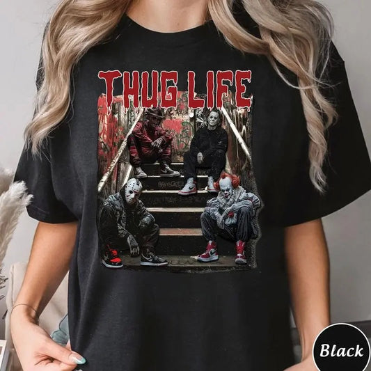 Halloween Horror Characters THUG LIFE Shirt, Streetwear Tshirt Summer Comfort Crewneck Casual Round Neck Maternity Cotton Top
