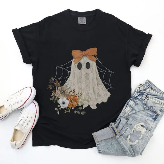 Halloween Lace Ghost T Shirt Spooky Coquette T-Shirt Girly Ghost Orange Bow T Shirt Lacey Ghost Tee Comfort Colors Spooky Season Top Outfit