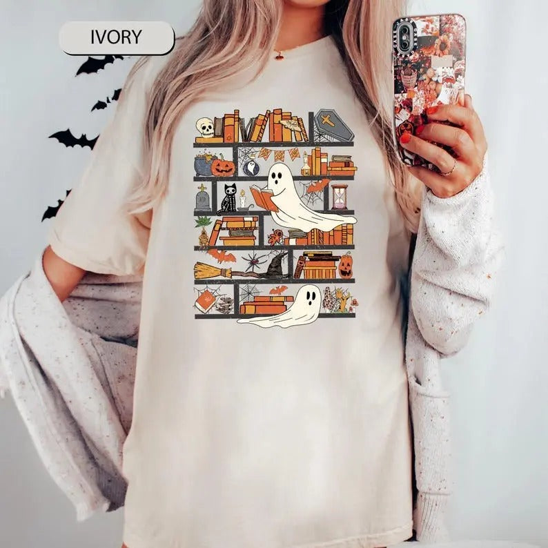 Halloween Library Shirt, Ghost Reading Books Shirts, Teacher Librarian Halloween Gift, Spooky Season Trendy Shirt, Halloween Book Lover Gift Top Womenswear