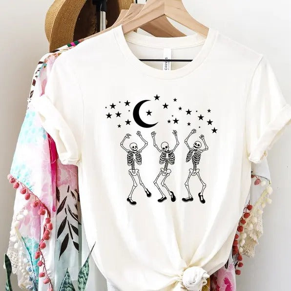 Halloween Party Dancing Skeleton Shirt, Fall Vintage Skull Adults T-Shirt, Dancing Skeleton Ghost Printed Tee Tops, Halloween Outfit Gifts