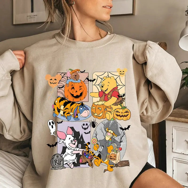 Halloween Pooh T-shirt, Winnie And Pooh Ghost Sweatshirt, Smile Pumpkin T-shirt, Retro 90s Film Shirt, Vintage Cute Characters Tee Shirt
