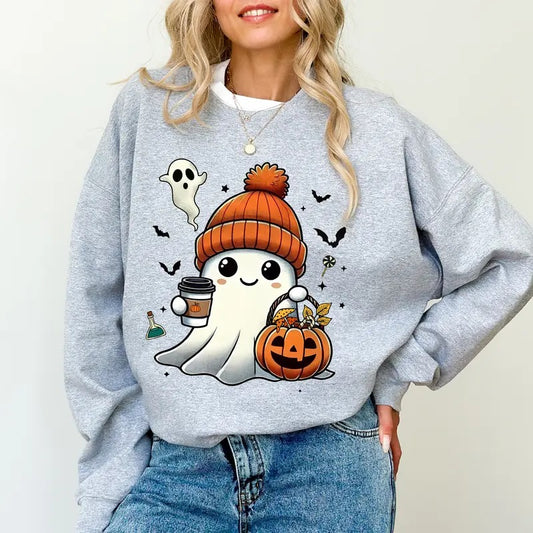Halloween Pumpkin Ghost Coffee Sweatshirt, Coffee Ghost Creweck for Women, Little Ghost Sweater, Cute Boo Sweatshirt for Girl, Funny Coffee Lover Gift, Spooky Season T-shirt, Comfy Cotton Long Sleeve Pullover, Fall Autumn Women's Tops, Casual Womenswear