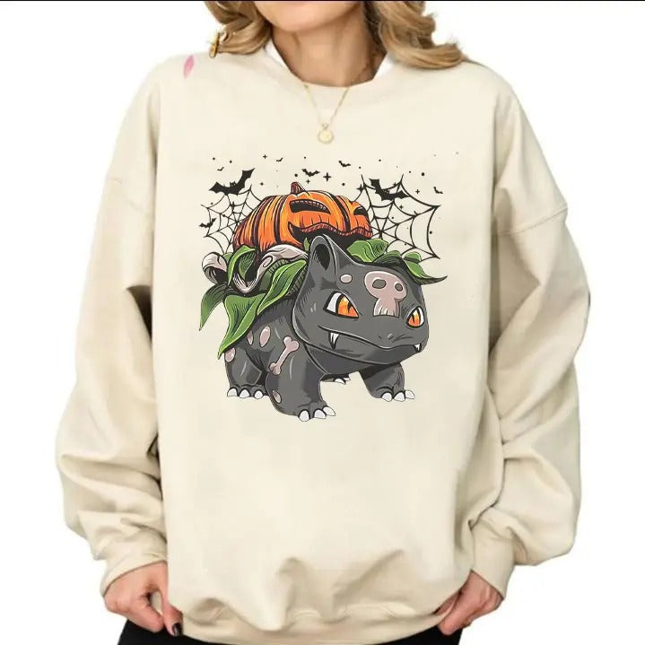 Halloween Pumpkin Sweatshirt, Halloween Sweatshirt, Spooky Pumpkin Monster Sweatshirt, Gengar Japan Anime Sweatshirt, Hand Painted "Halloween Bulbasaur" Sweatshirt, Gengar Sweatshirt, Anime Sweatshirt