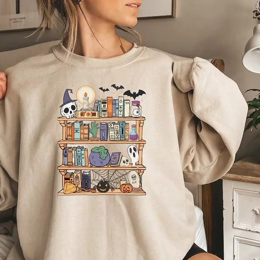 Halloween Retro Ghosts Reading Books Sweatshirt, Teacher Librarian Halloween Gift Spooky Season Trendy Shirt Gift Halloween Book Lover