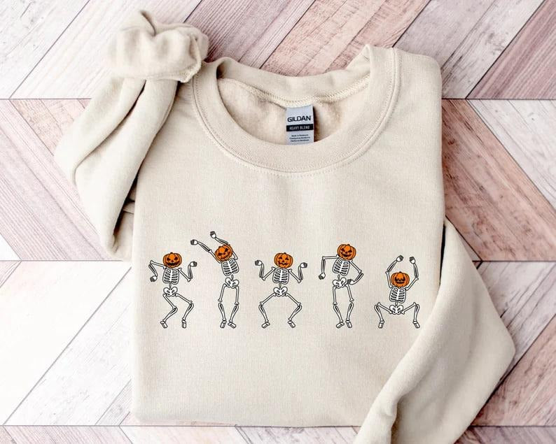 Halloween Skeleton Sweatshirt, Dancing Skeleton Sweatshirt, Pumpkin Skeleton Graphic Sweater, Halloween Gifts, Fall Halloween Sweatshirt