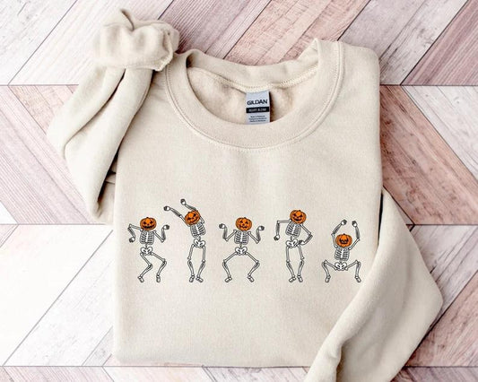 Halloween Skeleton Sweatshirt, Dancing Skeleton Sweatshirt, Pumpkin Skeleton Graphic Sweater, Halloween Gifts, Fall Halloween Sweatshirt