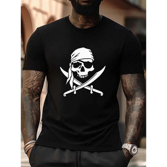 Halloween Special Pirate Skull Printed Men's T-Shirt , Cotton Short Sleeve Top T Made in USA