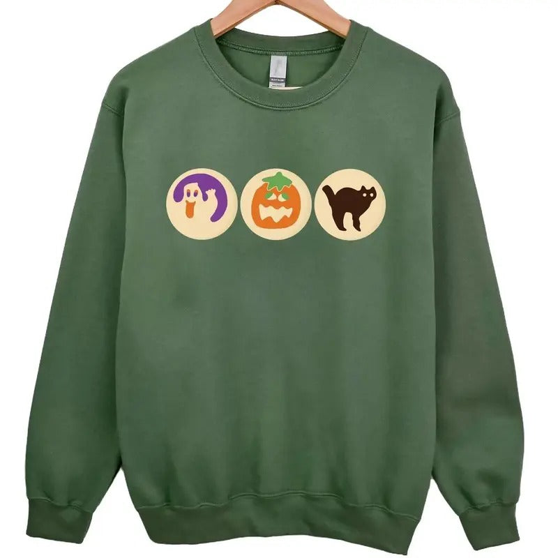 Halloween Sugar Cookie Sweatshirt Hoodie, Spooky Season Cat Pumpkin Boo Ghost Crewneck, Halloween Cookies Shirts, Retro Fall, Cute Trick Or Treat, Halloween 2024 Gifts