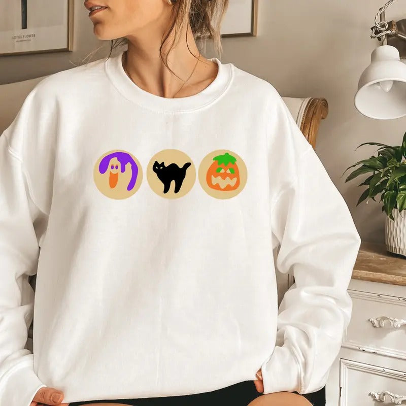 Halloween Sugar Cookie Sweatshirt, Spooky Season Cat Pumpkin Boo Ghost Crewneck, Halloween Cookies Sweat, Retro Fall, Cute Trick Or Treat