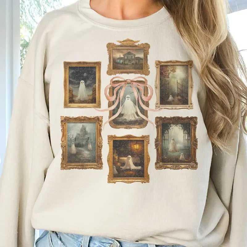 Halloween Sweatshirt Ghost Halloween Sweatshirt Ghost Frame Collage Pullover Cute Halloween Ghost Framed Collage Hoodie Girls Fun Halloween Sweatshirt