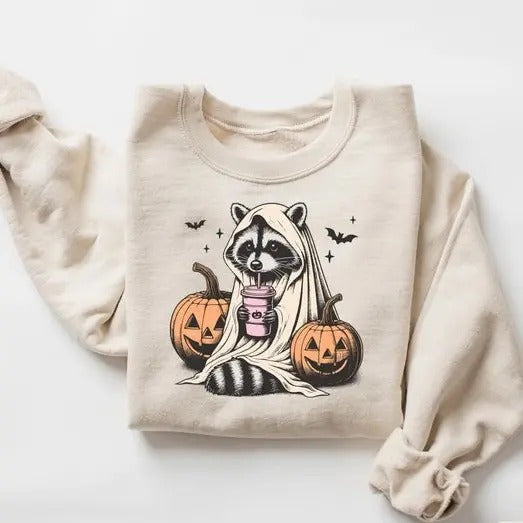 Halloween Sweatshirt, Cute Raccoon Ghost Sweatshirt, Retro Halloween Sweatshirt, Spooky Season Gift, Raccoon Halloween Sweatshirt, Pumpkin Fall Sweatshirt