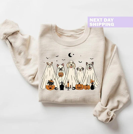 Halloween Sweatshirt, Halloween Sweater, 2024 Happy Halloween, Retro Spooky Season, Halloween Dog Sweatshirt, Ghost Dog Shirt, Gift For Herstyle{n002}2