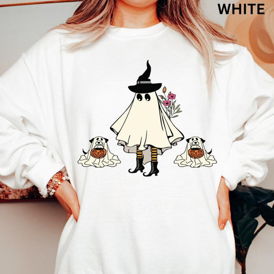 Halloween Sweatshirt, Two Pupkins And Ghost Sweatshirt, Oversized Casual Spooky Season Graphic Sweatshirt Hoodie Cotton