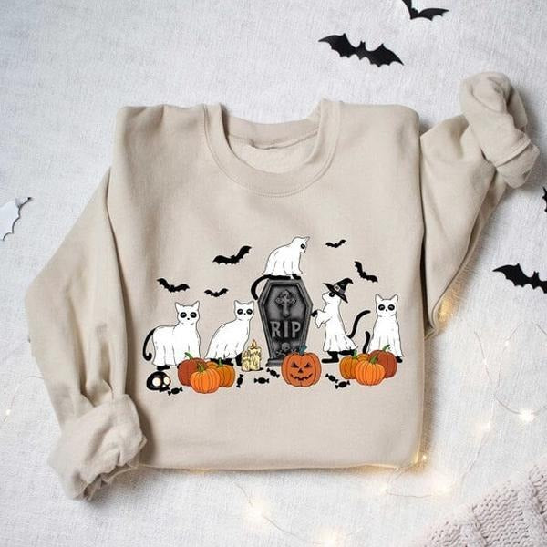 Halloween Sweatshirt,Cat Sweatshirt,Ghost Shirt,Black Cat Shirt,2023 Spooky Seas,Cool Halloween Cat Shirt,Cat Lover Tshirt,Halloween Sweater