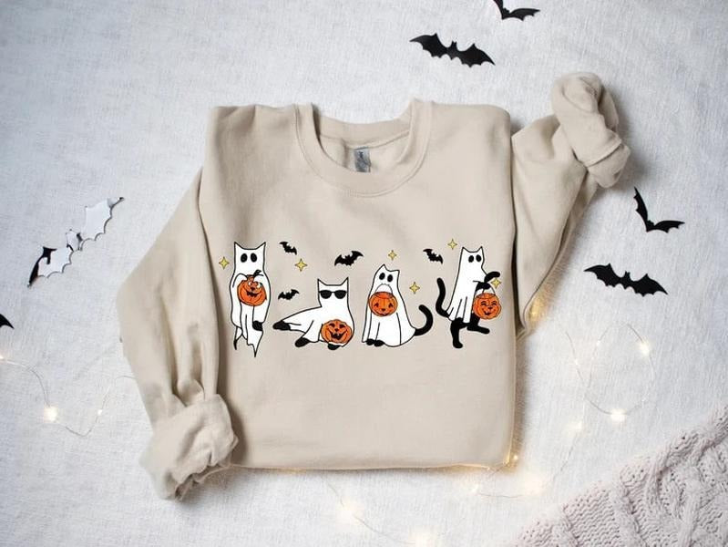 Halloween Sweatshirt,Cat Sweatshirt,Ghost Shirt,Black Cat Shirt,2024 Spooky Seas,Cool Halloween Cat Shirt,Cat Lover Tshirt,Halloween Sweater