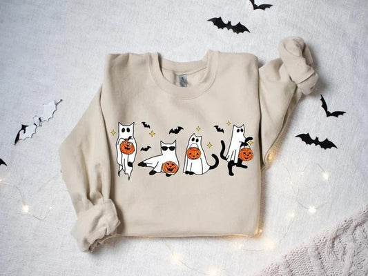 Halloween Sweatshirt,Cat Sweatshirt,Ghost Shirt,Black Cat Shirt,2024 Spooky Seas,Cool Halloween Cat Shirt,Cat Lover Tshirt,Halloween Sweater
