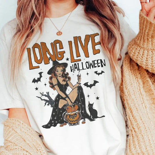 Halloween Tee Retro Halloween Tshirt Long Live Halloween T-Shirt Vintage Halloween Top Womens Halloween Tshirt Retro Witch Tees Casual Halloween Black Cat T-Shirt