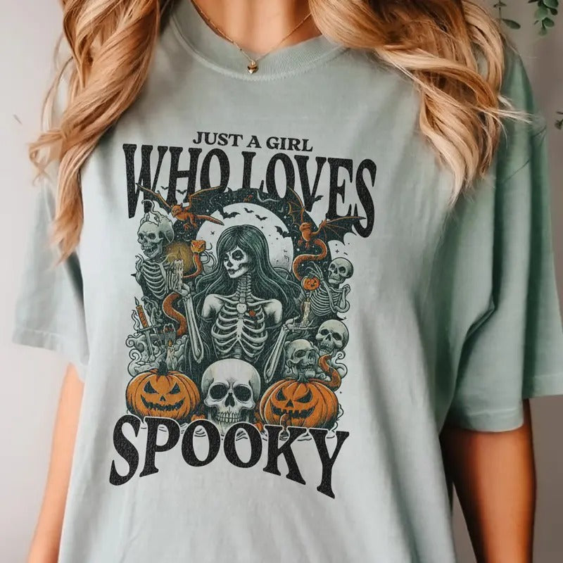 Halloween Tee Spooky Halloween Tshirt Skeleton Halloween T-Shirt Just a Girl Who Loves Spooky Tee Skull Halloween Top Just a Girl Skull T-Shirt