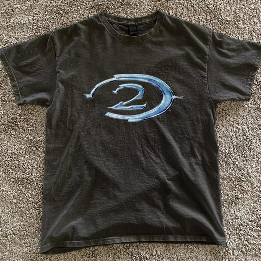 Halo 2 retro black tee blue logo Vintage Gaming Shirt Y2k ad campaign promo- vintage y2k tshirt Menswear Top