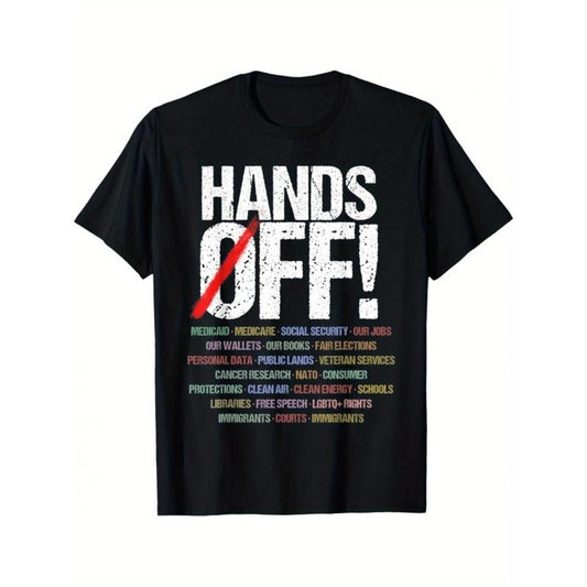 Hands Off Protest Graphic T-Shirt - Men's Casual Crew Neck Short Sleeve Tee with Bold Printed Text, Black Bohemian Style, Perfect for Social Gatherings & Casual Attire, Statement Clothing | Nontransparent Fabric